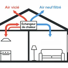 Schéma d'une maison montrant le fonctionnement d'une VMC double flux pour la rénovation : l'air vicié est extrait et l'air neuf est filtré et réchauffé.