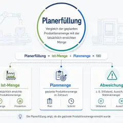 Diagramm zur Planerfüllung: Vergleich von Ist-Menge und Planmenge. Ein Zeitfenster für die Produktion wird betrachtet.