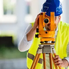 Geodeta w kasku i kamizelce odblaskowej obsługuje niwelator na statywie.
