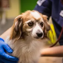 En liten hund med orolig blick, en veterinär med blå handskar håller den. Valpen spyr, men ser ändå söt ut.