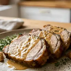Tranches de roti de porc au lait, nappées d'une sauce onctueuse, garnies de thym et d'ail rôti. Un délice !