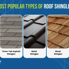 A visual guide to what are roof shingles, showcasing architectural asphalt, three-tab asphalt, metal, wood, and clay/concrete tiles.