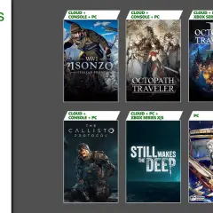 Okładki gier Game Pass: WWI Isonzo, Octopath Traveler, The Callisto Protocol, Still Wakes the Deep, Octopath Traveler II, Depersonalization.