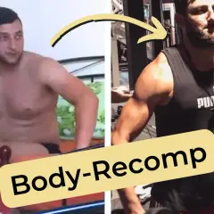 Mann mit Body-Recomp: Vorher unsportlich, nachher muskulös. Zeigt, dass man Fett in Muskeln umwandeln kann.