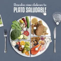 Un plato dividido en cuatro secciones muestra alimentos variados: verduras, frutas, cereales y proteínas. Es el plato del buen comer, ideal para una dieta equilibrada.