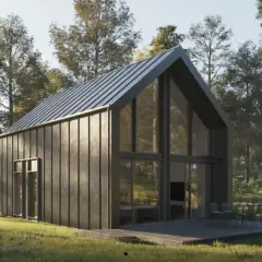 Nowoczesny, tani dom pod klucz w otoczeniu lasu. Duże okna i metalowa elewacja.