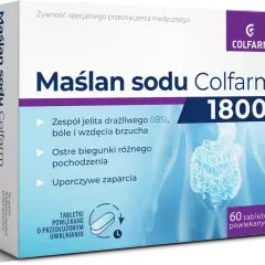 Maślan sodu Colfarm 1800 pomaga na zespół jelita drażliwego, biegunki i zaparcia. Tabletki o przedłużonym uwalnianiu.