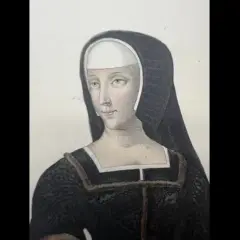 Retrato de Luisa de Saboya, con su característico tocado y vestido oscuro.