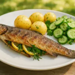 Pstrąg z grilla, podany z ziemniakami i mizerią, pachnie latem i słońcem.