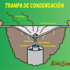 Diagrama de una trampa de condensación para potabilizar agua. Rayos solares calientan la tierra, el agua se evapora, condensa en el plástico y gotea.