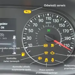 Deska rozdzielcza w samochodzie z wieloma kontrolkami: ABS, poduszki powietrzne, silnik, niski poziom paliwa, serwis.