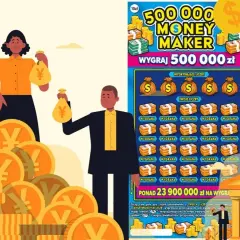 Ludzie cieszą się z wygranej, a zdrapka "Money Maker" obiecuje, że można wygrać 500 000 zł.