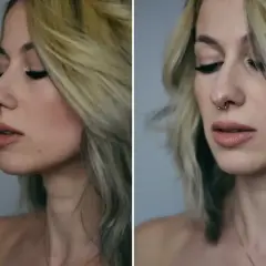 Kobieta z blond włosami i kolczykiem w nosie (septum). Widać jej profil i zbliżenie na twarz.
