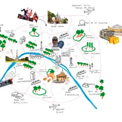 Carte des lieux de tournage d'Emily in Paris, avec des icônes pour la Tour Eiffel, le Sacré-Cœur, le Louvre et d'autres monuments parisiens.