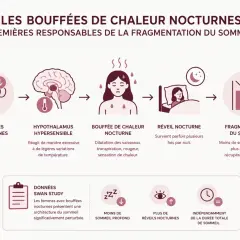 Chute d'œstrogènes, hypothalamus hypersensible, bouffées de chaleur nocturnes, réveils fréquents, fragmentation du sommeil. La fatigue liée à la ménopause est expliquée.