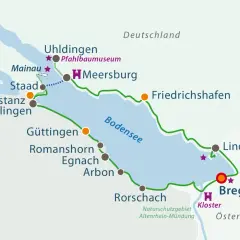 Karte des Bodensees mit Radwegen. Entdecken Sie Fahrradtouren Deutschland, Schweiz und Österreich. Orte wie Konstanz, Bregenz, Lindau.