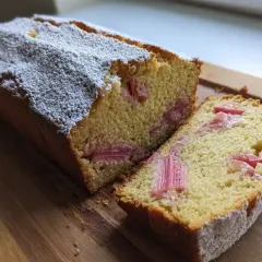 En saftig sockerkaka med rabarber, pudrad med florsocker. Perfekt till fikat!