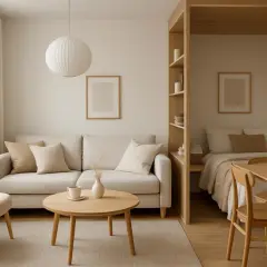 Przytulny dom skandynawski projekt: jasna sofa, drewniane meble, łóżko wnękowe i minimalistyczne dekoracje tworzą spokojną atmosferę.
