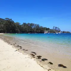 Arena dorada y aguas cristalinas en la playa de Arneles, con veleros anclados y un cielo azul intenso.