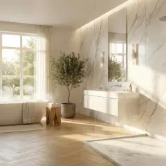 Une élégante salle de bain marbre avec baignoire, douche, lavabo suspendu et un petit olivier. Lumière naturelle douce.