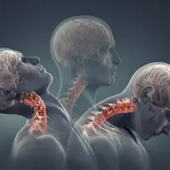Trzy sylwetki ukazujące ruch głowy i szyi, ilustrujące mechanizm urazu whiplash.