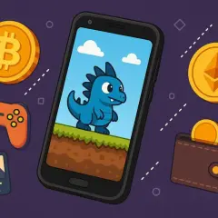 Telefon z grą, kontroler, portfel z kryptowalutami i ikonka NFT. To wszystko symbolizuje gry, na których można zarobić.