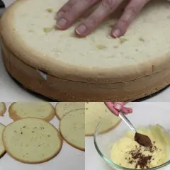 Przygotowanie biszkoptu do zuppa inglese. Krojenie ciasta i dodawanie kakao do kremu.