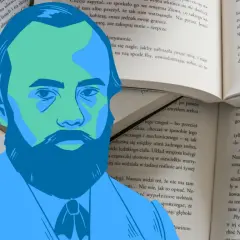 Portret Fiodora Dostojewskiego na tle otwartej książki. Jego biografia jest fascynująca.