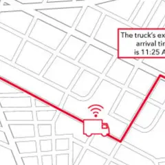 Karte zeigt eine LKW-Route von A nach B. Der LKW hat ein WLAN-Symbol und die erwartete Ankunftszeit ist 11:25 Uhr.