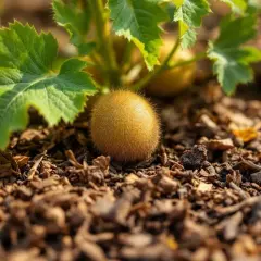 Un jeune kiwi velu, prêt à pousser, au milieu de la terre et des feuilles vertes. L'art de planter des kiwis commence ici.