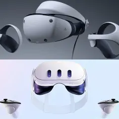 Gogle VR PS5 z kontrolerami, gotowe do zanurzenia w wirtualnej rzeczywistości.