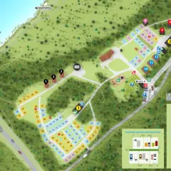 Karta över Mellsta Camping Borlänge med campingplatser, stugor, servicehus och faciliteter vid Dalälven.