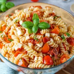 Ein köstlicher mediterraner Nudelsalat mit Fusilli, Kirschtomaten, Mozzarella und Basilikum, garniert mit frischen Basilikumblättern.