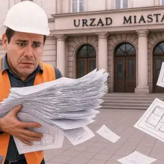 Budowlaniec zmartwiony stertą dokumentów przed Urzędem Miasta. Czy to już zgłoszenie zamiast pozwolenia na budowę?