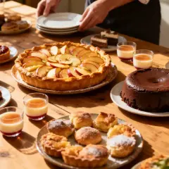 Table garnie de divers desserts : tartes aux fruits, gâteaux au chocolat, verrines et petites bouchées.