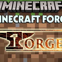 Logo Minecraft Forge z kowadłem i płomieniami na tle bloków Minecraft.