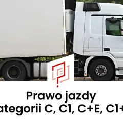 Biała ciężarówka z naczepą. Tekst: Prawo jazdy kategorii C, C1, C+E, C1+E.