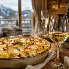 Un plat de tartiflette fumant, prêt à être dégusté avec un verre de vin blanc. Quel vin rosé avec tartiflette ? Une question qui se pose devant ce feu de cheminée.
