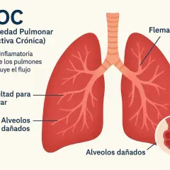Ilustración de pulmones con EPOC, mostrando flema excesiva, dificultad para respirar y alvéolos dañados, una sensación de frío en los pulmones.
