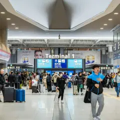 Tłum ludzi z walizkami w Terminalu 1 lotniska. Czy do Japonii potrzebna jest wiza? Wszyscy zmierzają do bramek, niektórzy w maseczkach.