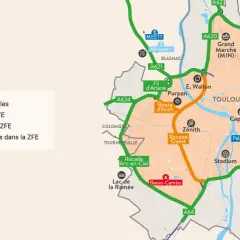 Carte de Toulouse montrant le périmètre de la ZFE et les grands axes routiers. La vignette Crit'Air est nécessaire pour circuler dans cette zone.