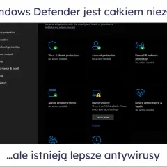 Interfejs Windows Defender pokazuje status ochrony: wirusów, konta, sieci i aplikacji. Wszystko działa poprawnie.