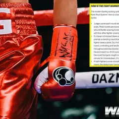 Boxer in red shorts and glove. A yellow box explains how boxing matches are scored using the 10-point must system.