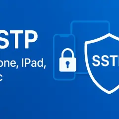 SSTP: bezpieczne połączenie dla iPhone, iPad i Mac. Ikona kłódki i tarcza symbolizują ochronę.