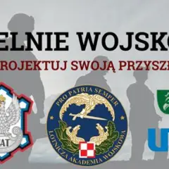 Grafika z sylwetkami żołnierzy i logotypami uczelni wojskowych: AMW, WAT, Lotnicza Akademia Wojskowa, AWL, UM w Łodzi.