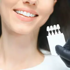 Uśmiechnięta kobieta z białymi zębami, dentysta porównuje odcień zębów z wzornikiem przed wybielaniem.