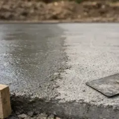 Świeżo wylany, mokry beton czeka na wykończenie. Narzędzia budowlane, jak kielnia i drewniany kloc, sugerują szybki beton i początek prac.