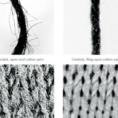 Close-up views show carded, open-end cotton yarn with loose fibers and a knitted fabric with a fuzzy texture. In contrast, combed, ring-spun cotton yarn is tightly twisted, creating a smooth yarn and a fabric with a clean, defined knit.