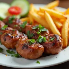 Sześć grillowanych mięsnych kulek z frytkami i warzywami. Zastanawiasz się, ile kcal ma kebab w picie?