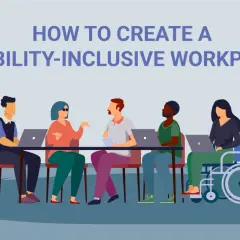 A diverse team, including a person in a wheelchair, collaborates on creating a disability-inclusive workplace.